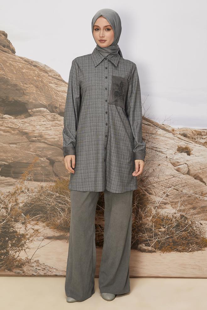 Hijab clothing BLACK BEAD EMBROIDERED TUNIC 46230 - ALVİNA