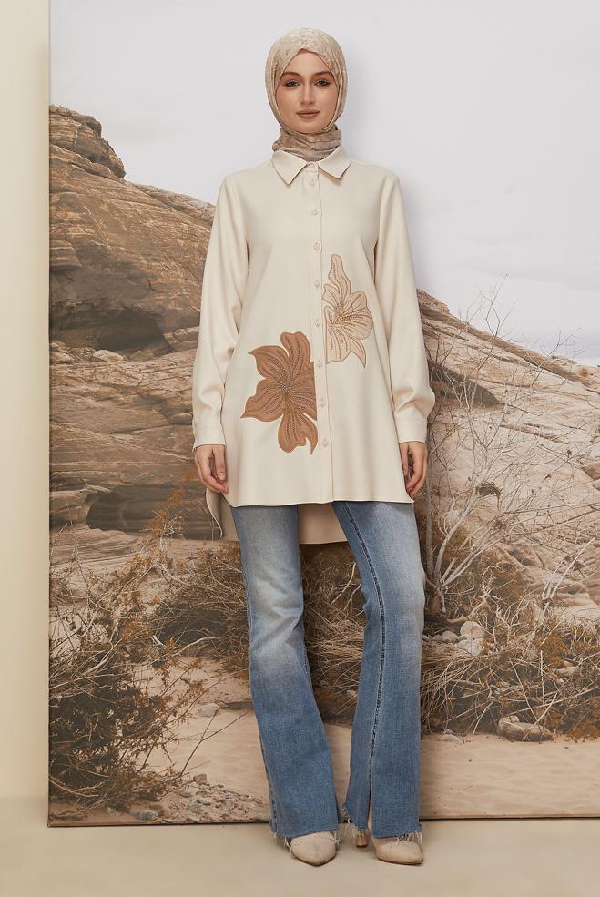 Tesettür giyim EKRU 46243 17235 TUNİK 40-48 TEK42 - ALVİNA