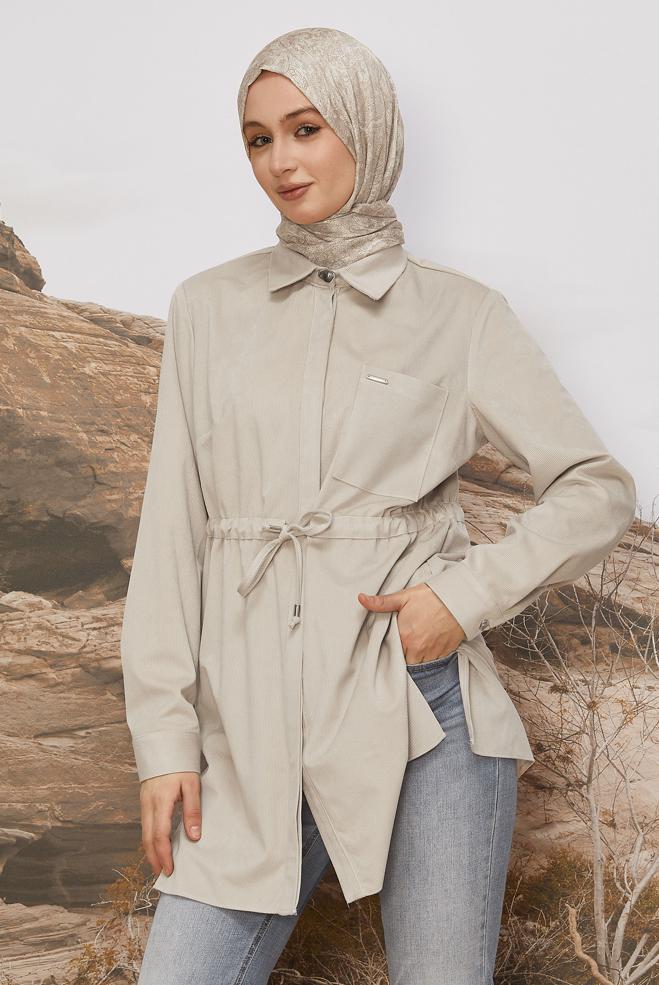 Tesettür giyim BEJ BELİ BÜZGÜLÜ KADİFE TUNİK 46245 - ALVİNA