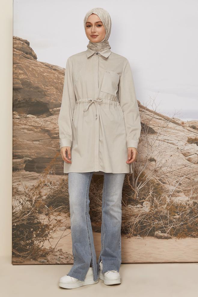 Tesettür giyim BEJ BELİ BÜZGÜLÜ KADİFE TUNİK 46245 - ALVİNA