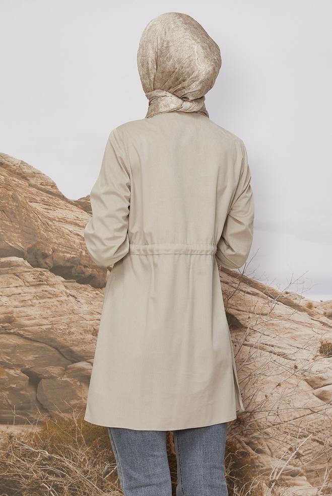 Tesettür giyim BEJ BELİ BÜZGÜLÜ KADİFE TUNİK 46245 - ALVİNA