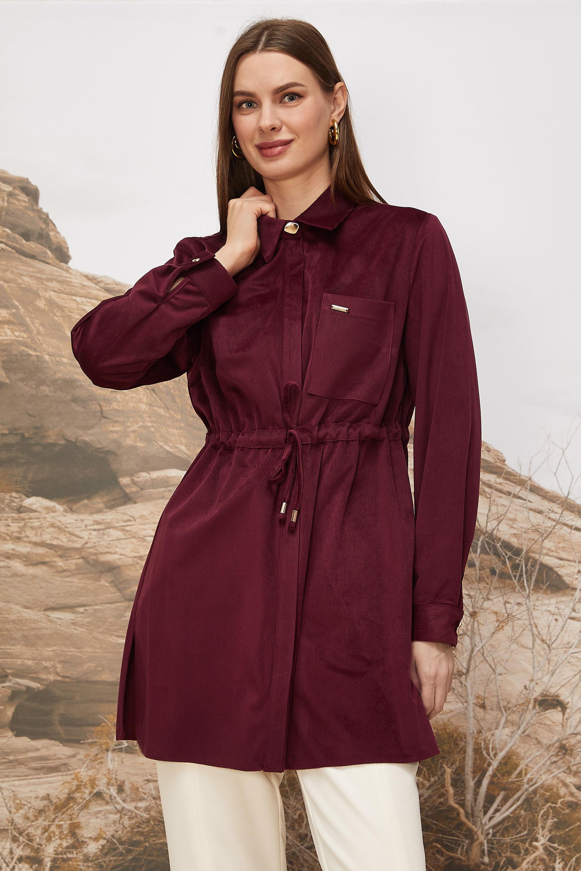 Hijab clothing CLARET RED SMOCKED WAIST VELVET TUNIC 46245