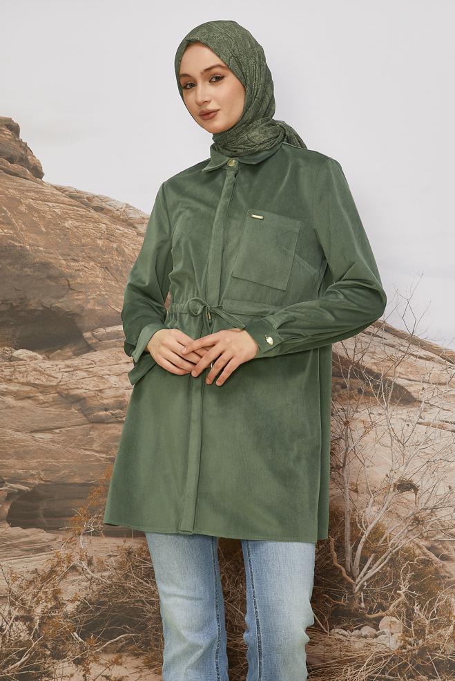 Tesettür giyim HAKİ BELİ BÜZGÜLÜ KADİFE TUNİK 46245 - ALVİNA