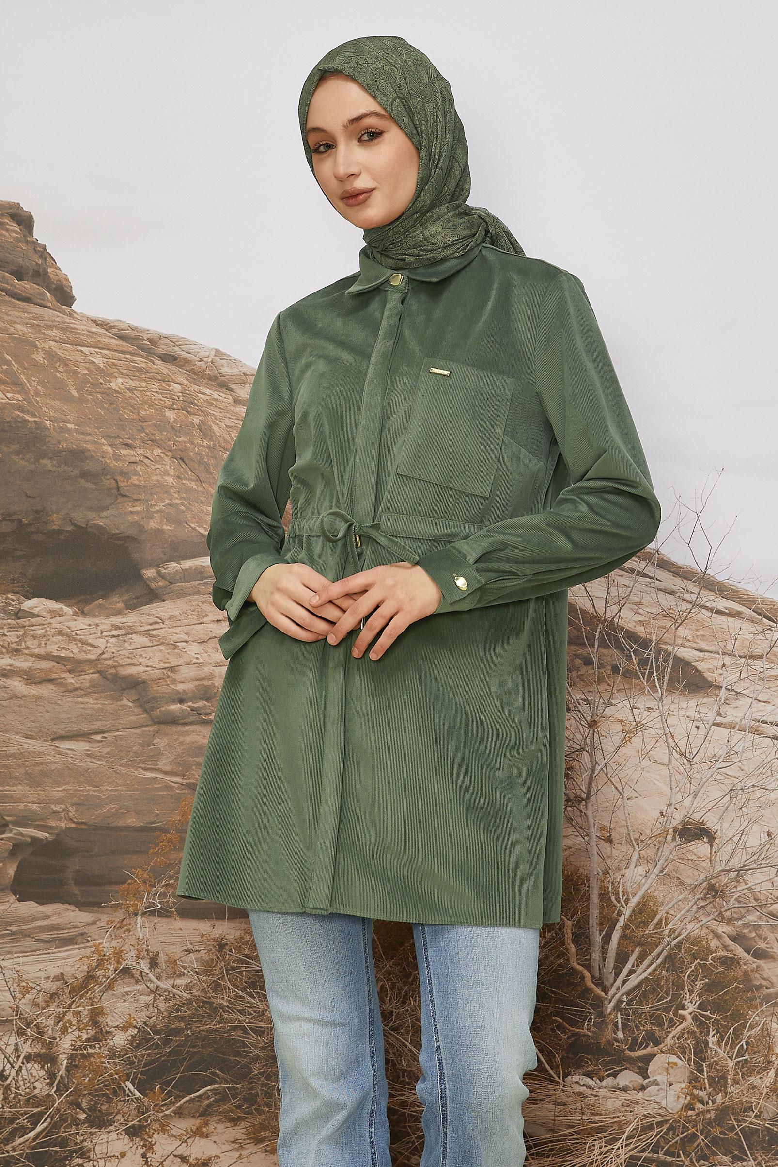 Tesettür giyim HAKİ BELİ BÜZGÜLÜ KADİFE TUNİK 46245