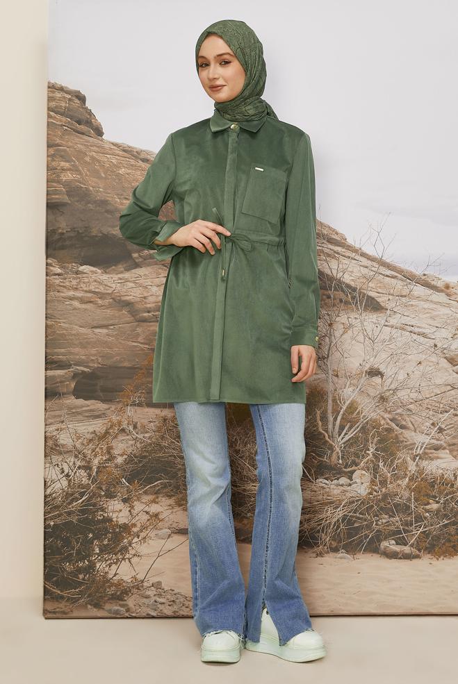 Tesettür giyim HAKİ BELİ BÜZGÜLÜ KADİFE TUNİK 46245 - ALVİNA