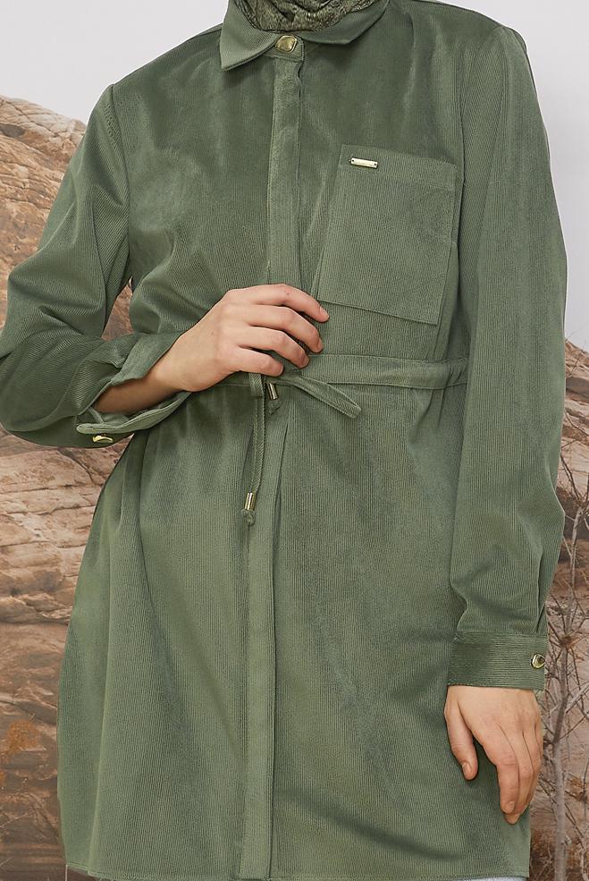 Tesettür giyim HAKİ BELİ BÜZGÜLÜ KADİFE TUNİK 46245 - ALVİNA