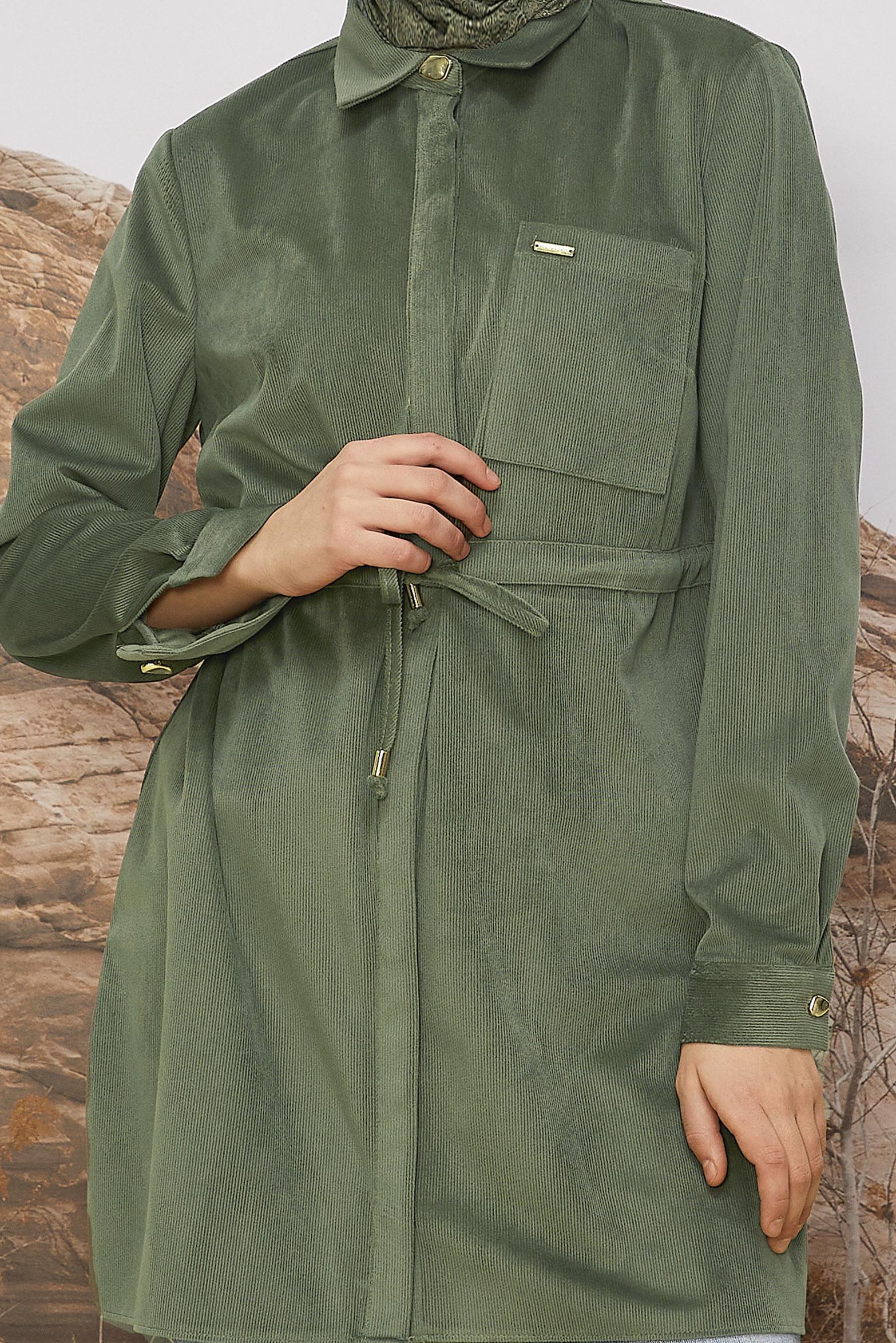 Tesettür giyim HAKİ BELİ BÜZGÜLÜ KADİFE TUNİK 46245