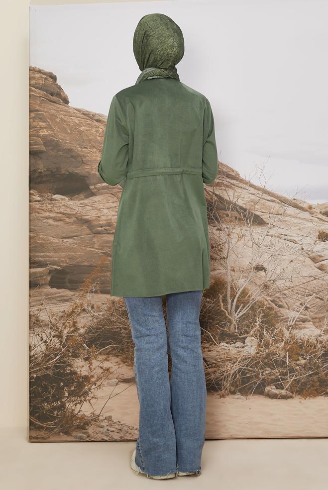 Tesettür giyim HAKİ BELİ BÜZGÜLÜ KADİFE TUNİK 46245 - ALVİNA