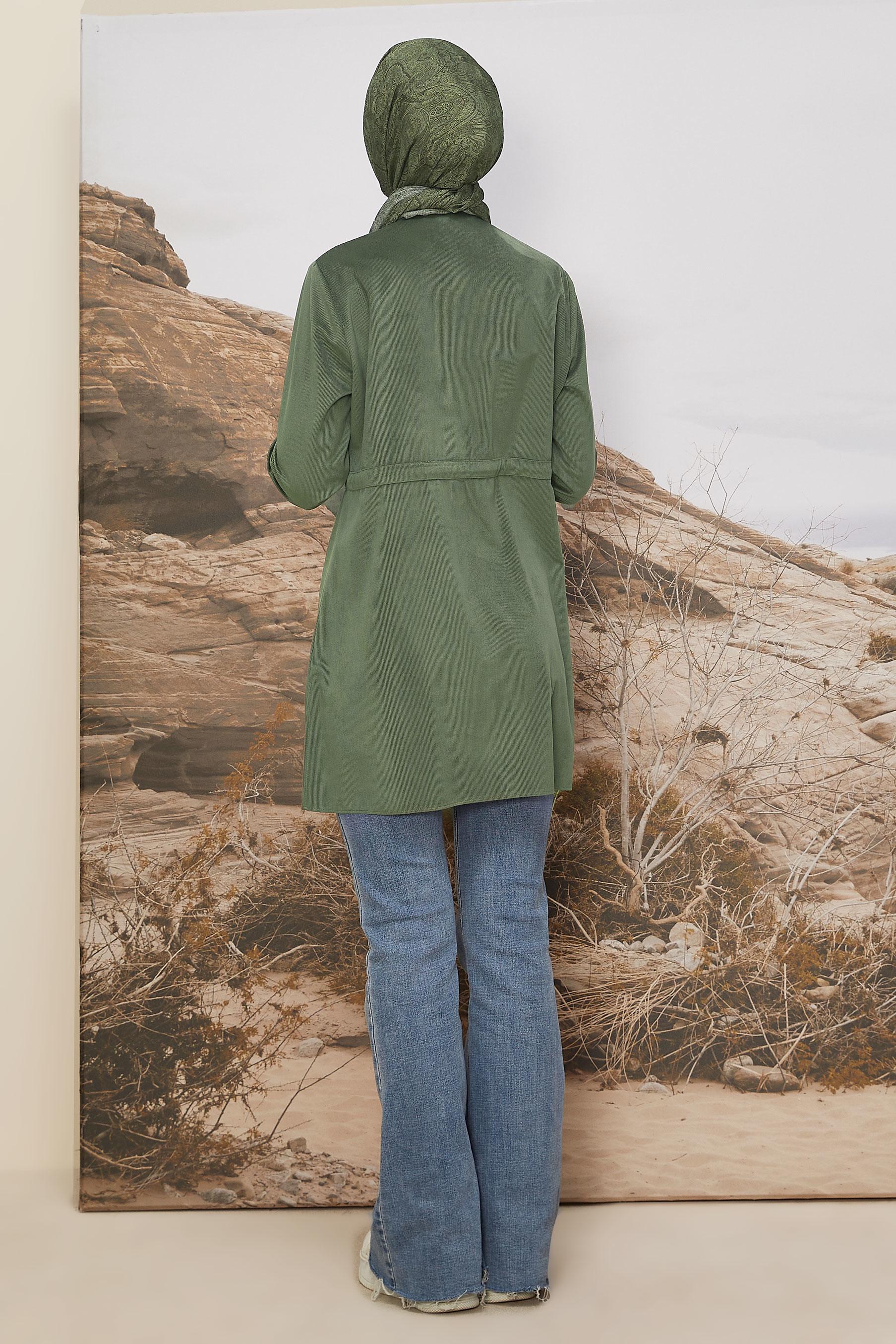 Tesettür giyim HAKİ BELİ BÜZGÜLÜ KADİFE TUNİK 46245