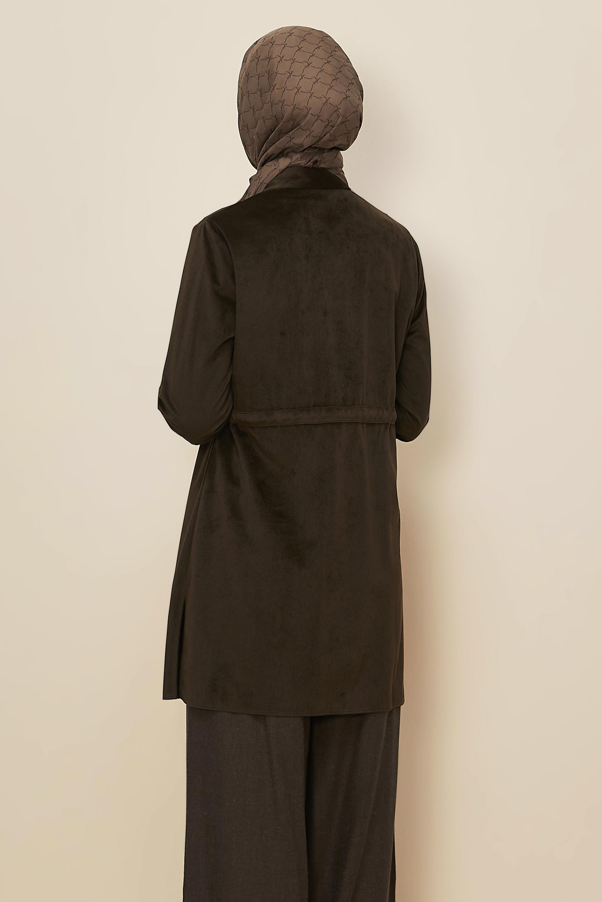 Tesettür giyim KAHVE BELİ BÜZGÜLÜ KADİFE TUNİK 46245