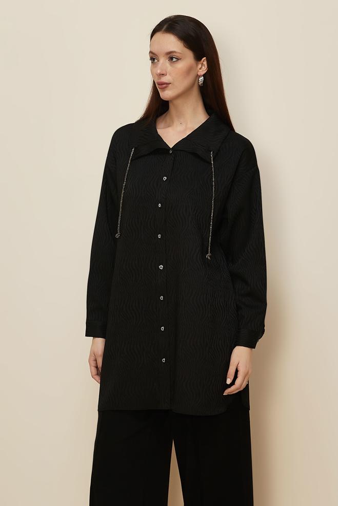 Hijab clothing BLACK SATIN JACQUARD TUNIC 46246 - ALVİNA