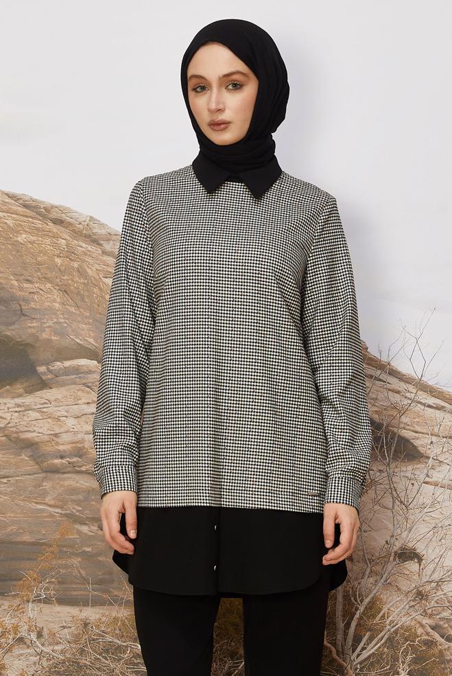 Hijab clothing BLACK SHIRT COLLAR TUNIC 46250-1 - ALVİNA