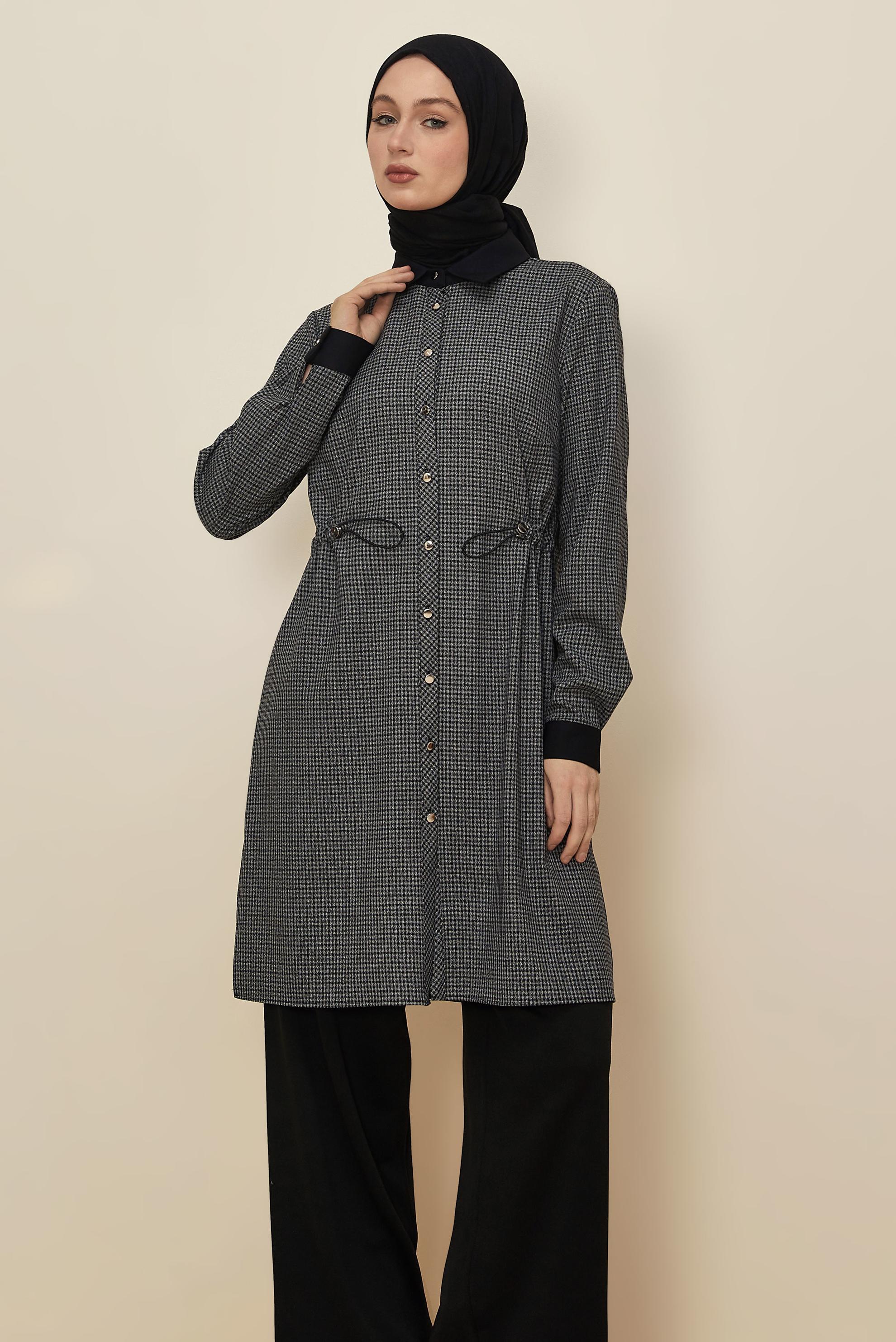 Tesettür giyim SİYAH GÖMLEK YAKA EKOSE TUNİK 46251