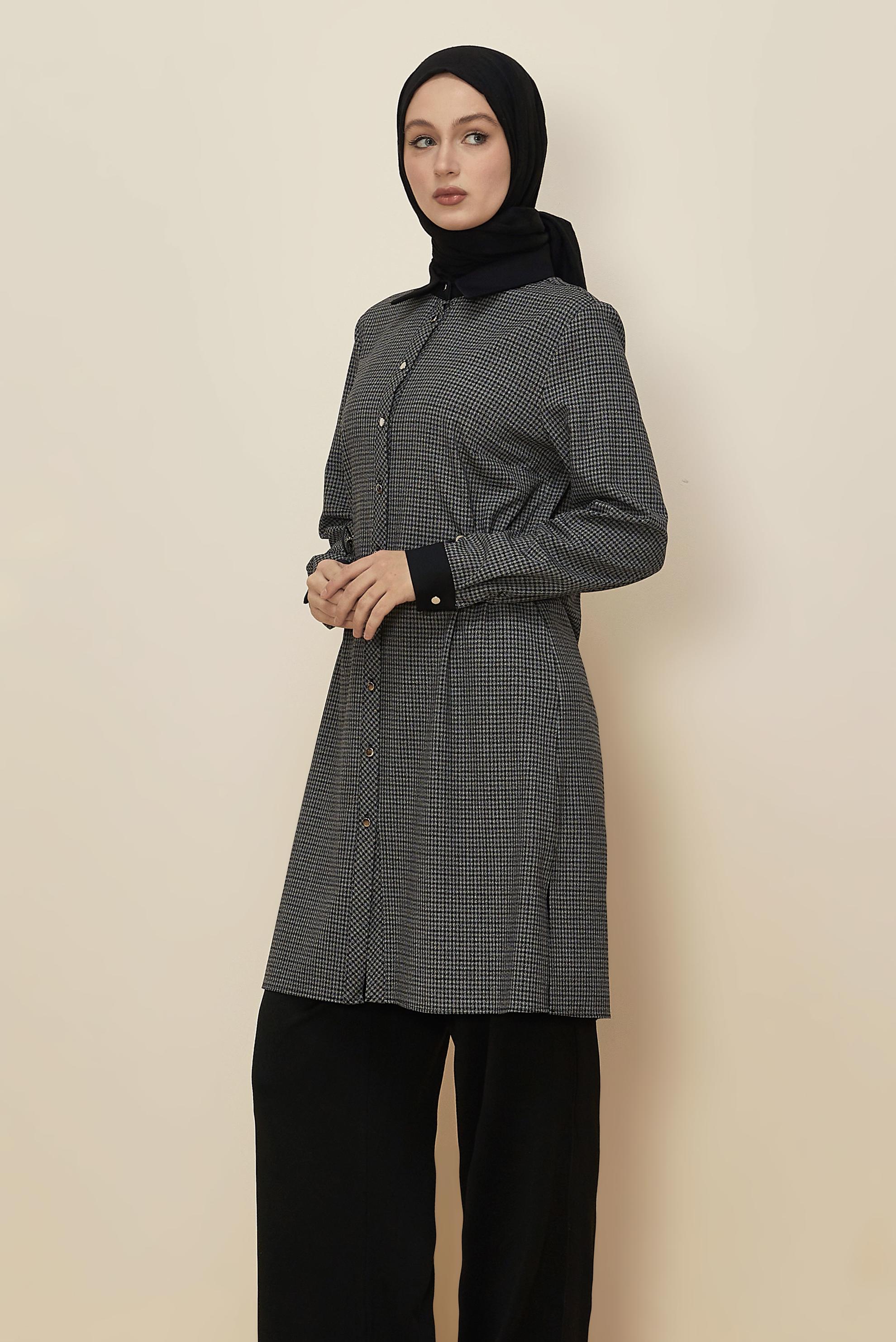 Tesettür giyim SİYAH GÖMLEK YAKA EKOSE TUNİK 46251