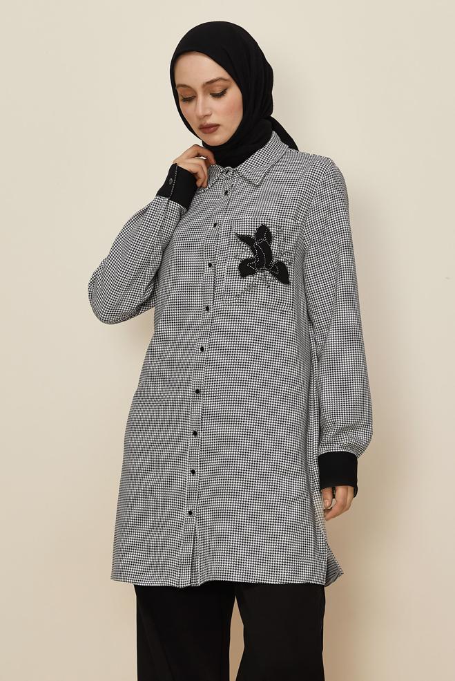 Tesettür giyim SİYAH GÖMLEK YAKA DESENLİ TUNİK 46265 - ALVİNA