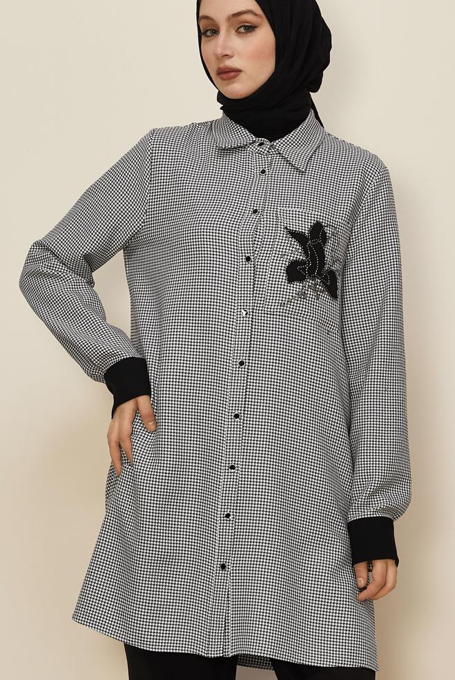 Tesettür giyim SİYAH GÖMLEK YAKA DESENLİ TUNİK 46265 - ALVİNA