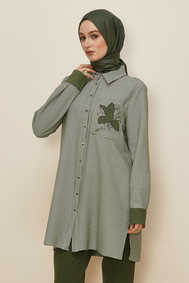 Tesettür giyim HAKİ GÖMLEK YAKA DESENLİ TUNİK 46265 - ALVİNA