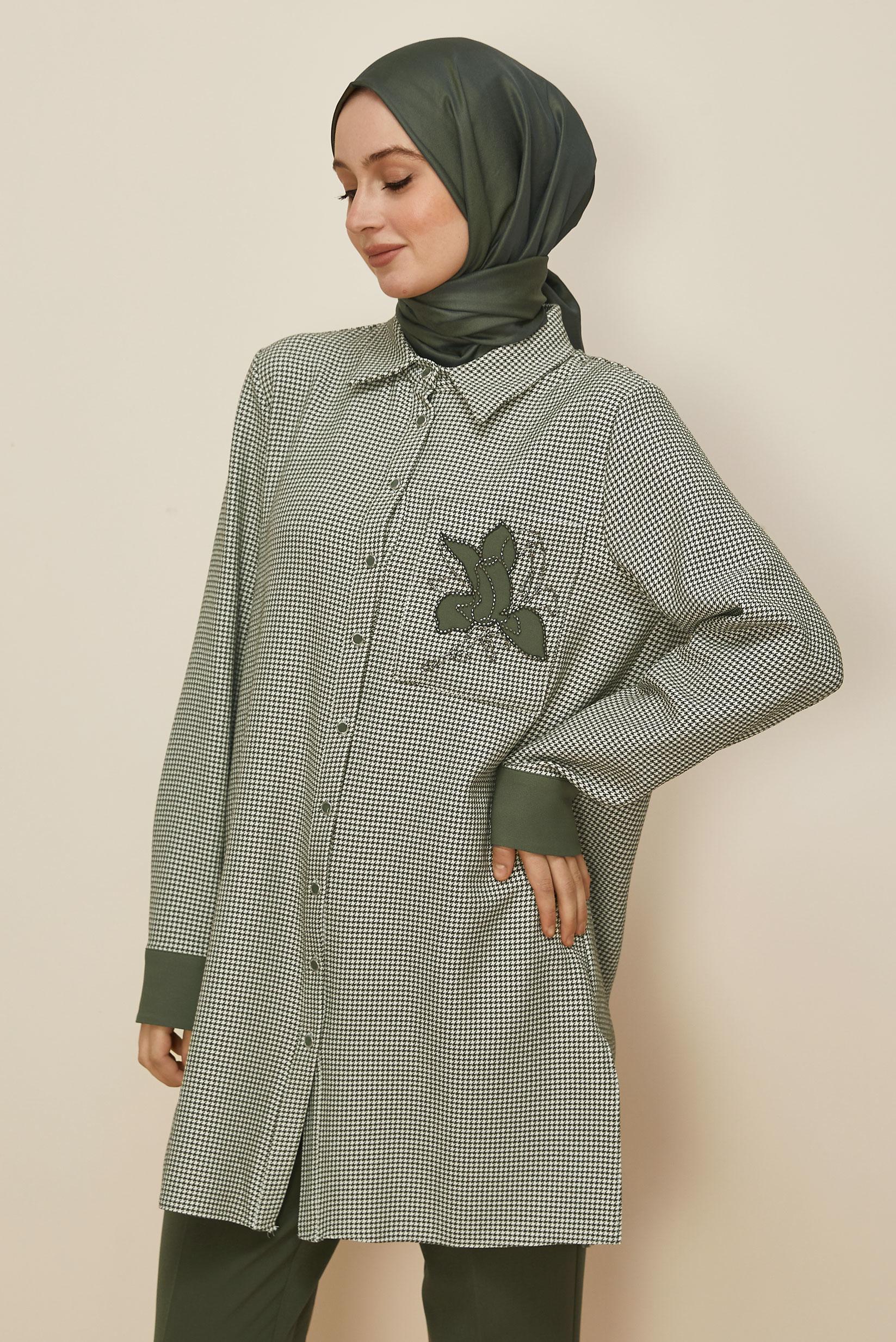 Tesettür giyim HAKİ GÖMLEK YAKA DESENLİ TUNİK 46265