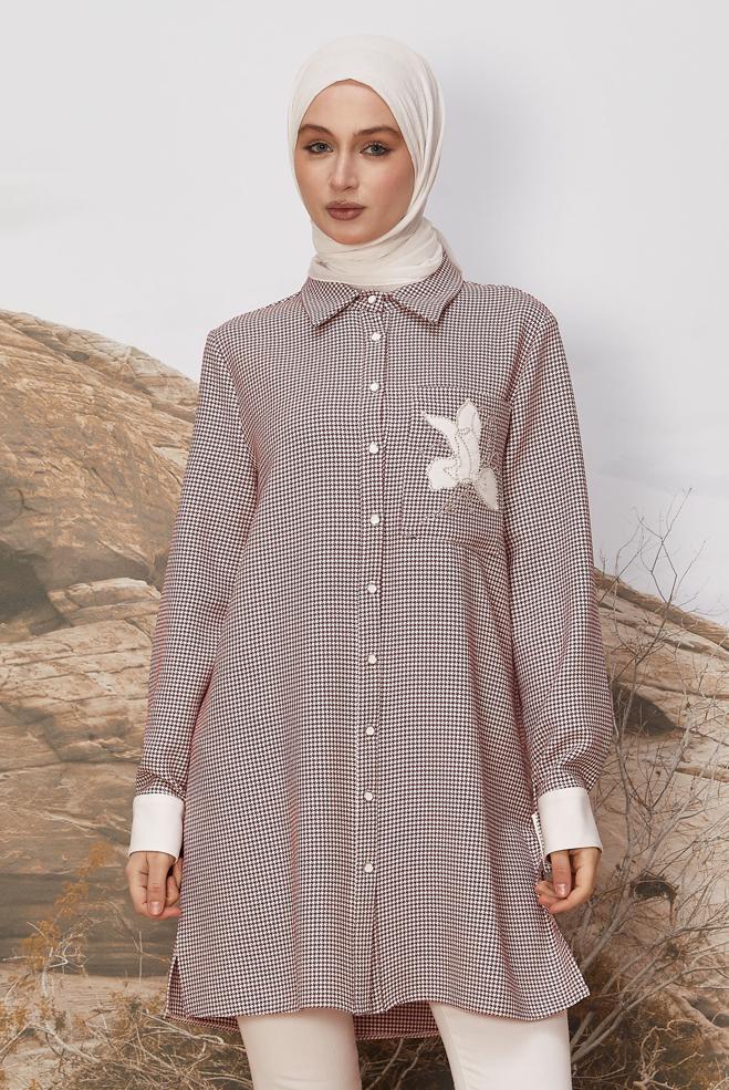 Tesettür giyim PUDRA GÖMLEK YAKA DESENLİ TUNİK 46265 - ALVİNA