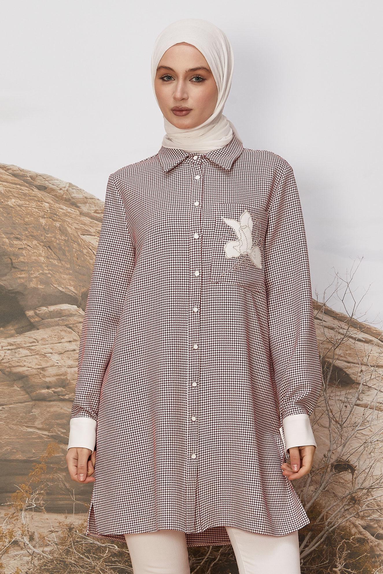 Tesettür giyim PUDRA GÖMLEK YAKA DESENLİ TUNİK 46265