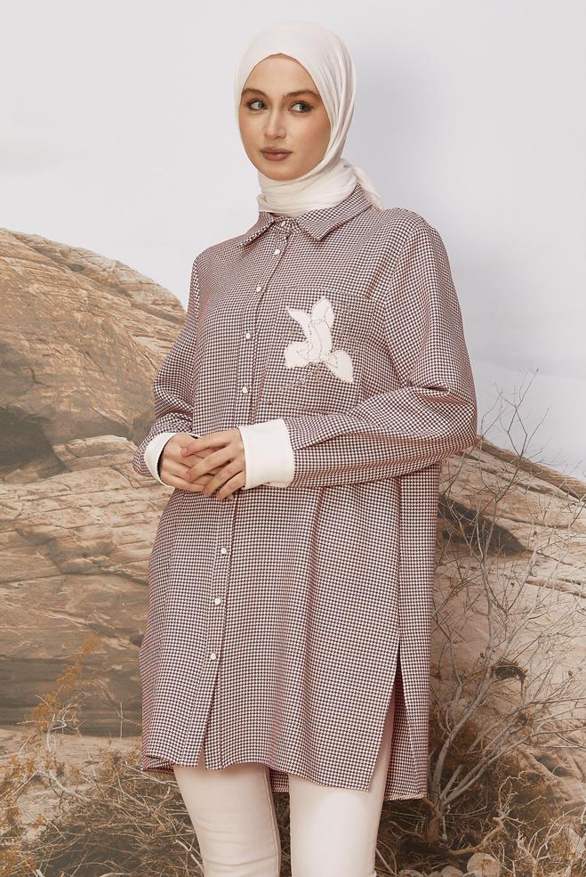 Tesettür giyim PUDRA GÖMLEK YAKA DESENLİ TUNİK 46265 - ALVİNA
