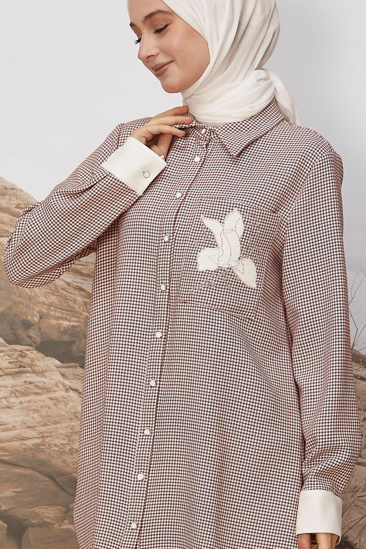 Tesettür giyim PUDRA GÖMLEK YAKA DESENLİ TUNİK 46265