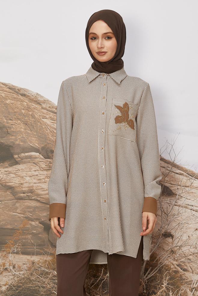 Tesettür giyim TABA GÖMLEK YAKA DESENLİ TUNİK 46265 - ALVİNA