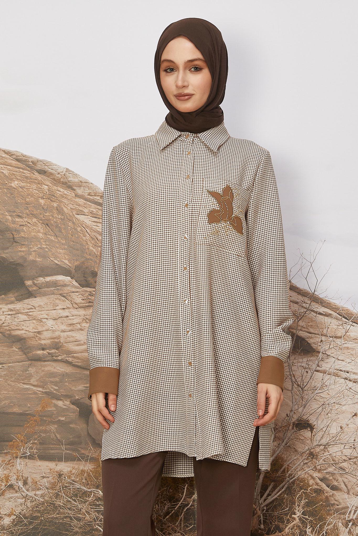 Tesettür giyim TABA GÖMLEK YAKA DESENLİ TUNİK 46265