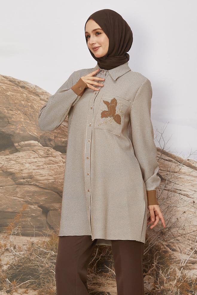 Tesettür giyim TABA GÖMLEK YAKA DESENLİ TUNİK 46265 - ALVİNA