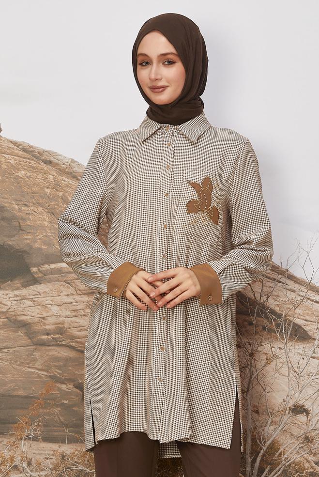 Tesettür giyim TABA GÖMLEK YAKA DESENLİ TUNİK 46265 - ALVİNA