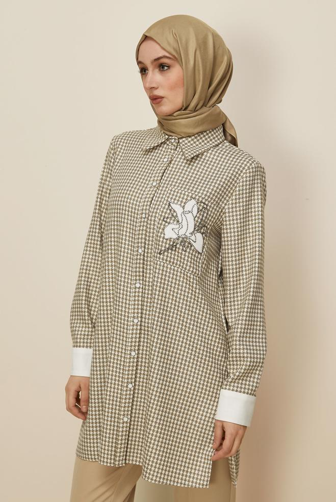 Tesettür giyim BEJ GÖMLEK YAKA DESENLİ TUNİK 46265-1 - ALVİNA