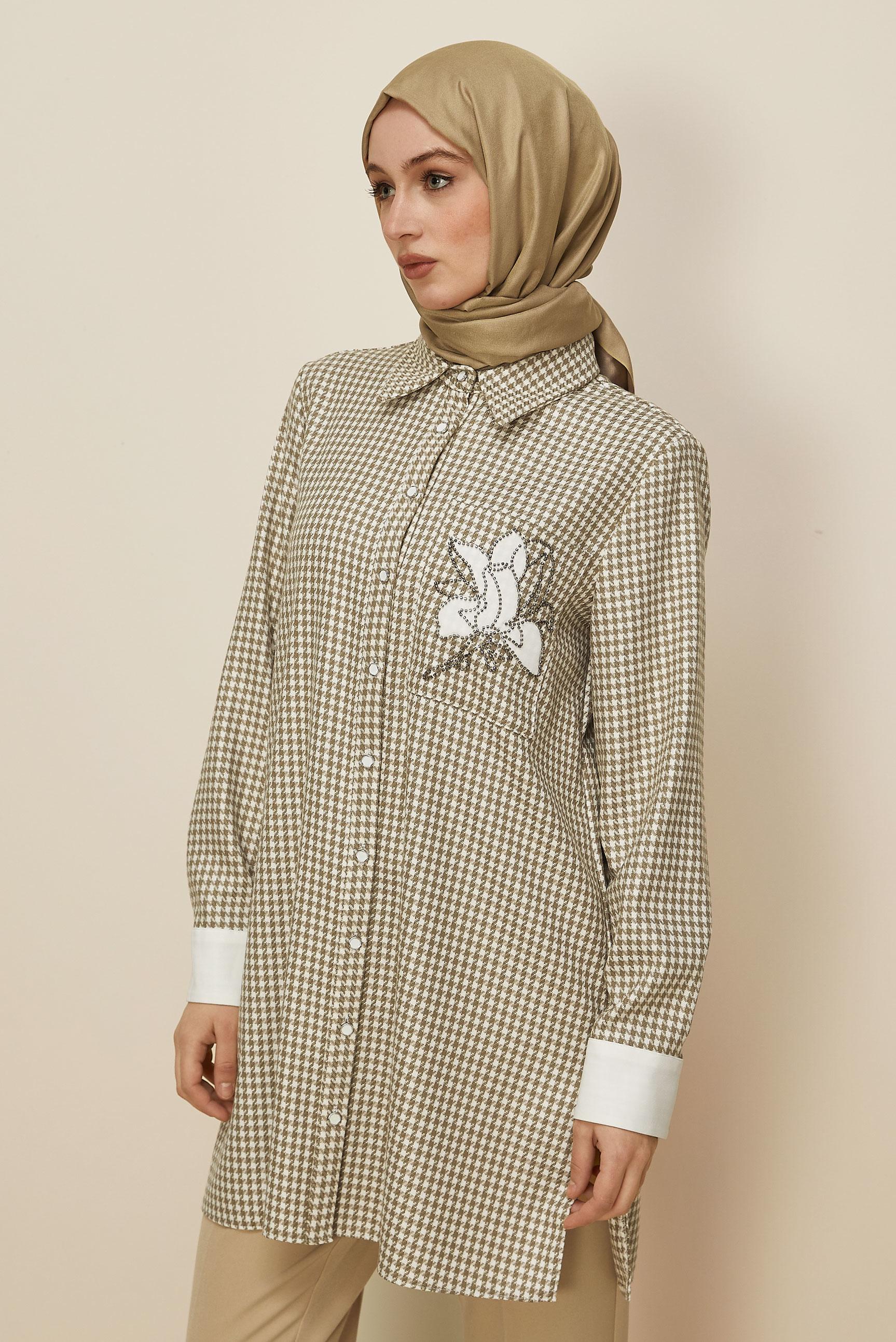 Tesettür giyim BEJ GÖMLEK YAKA DESENLİ TUNİK 46265-1