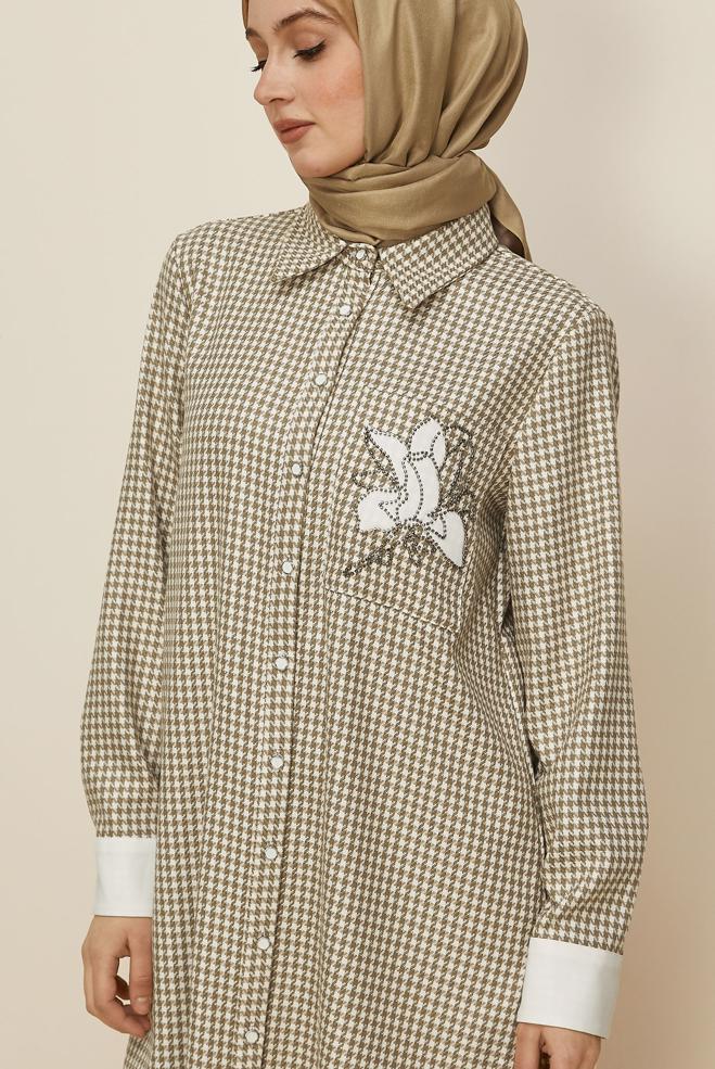 Tesettür giyim BEJ GÖMLEK YAKA DESENLİ TUNİK 46265-1 - ALVİNA