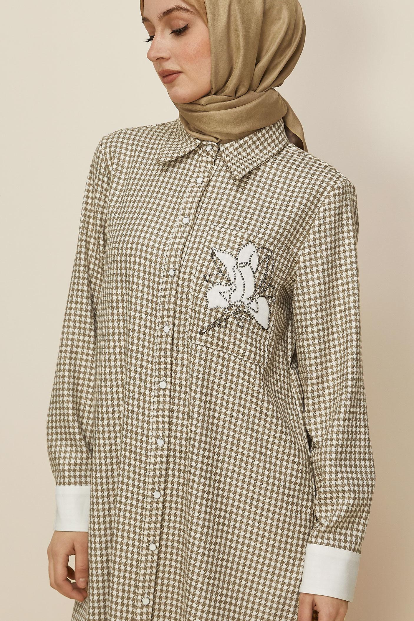 Tesettür giyim BEJ GÖMLEK YAKA DESENLİ TUNİK 46265-1