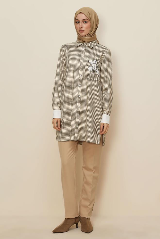 Tesettür giyim BEJ GÖMLEK YAKA DESENLİ TUNİK 46265-1 - ALVİNA