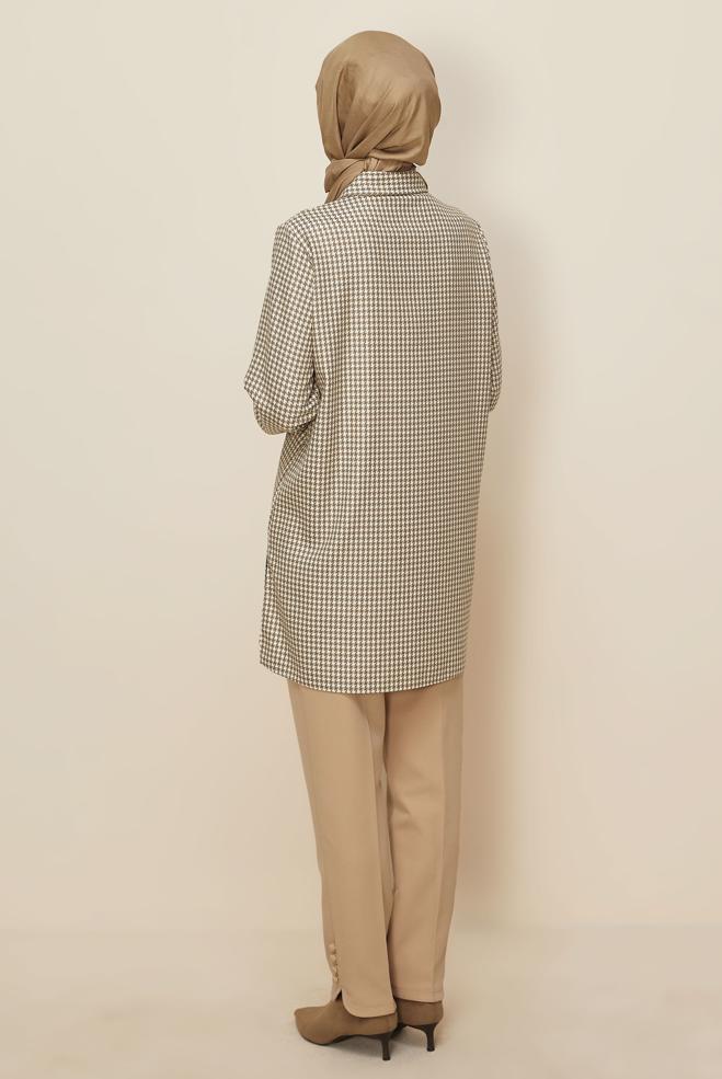 Tesettür giyim BEJ GÖMLEK YAKA DESENLİ TUNİK 46265-1 - ALVİNA