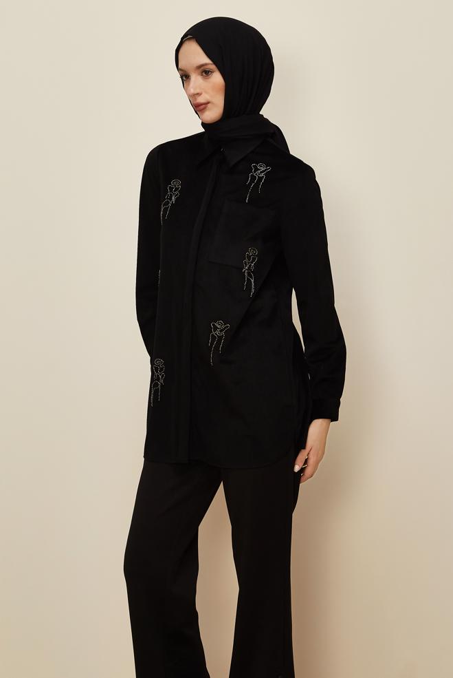 Tesettür giyim SİYAH BONCUK İŞLEMELİ KADİFE TUNİK 46266 - ALVİNA