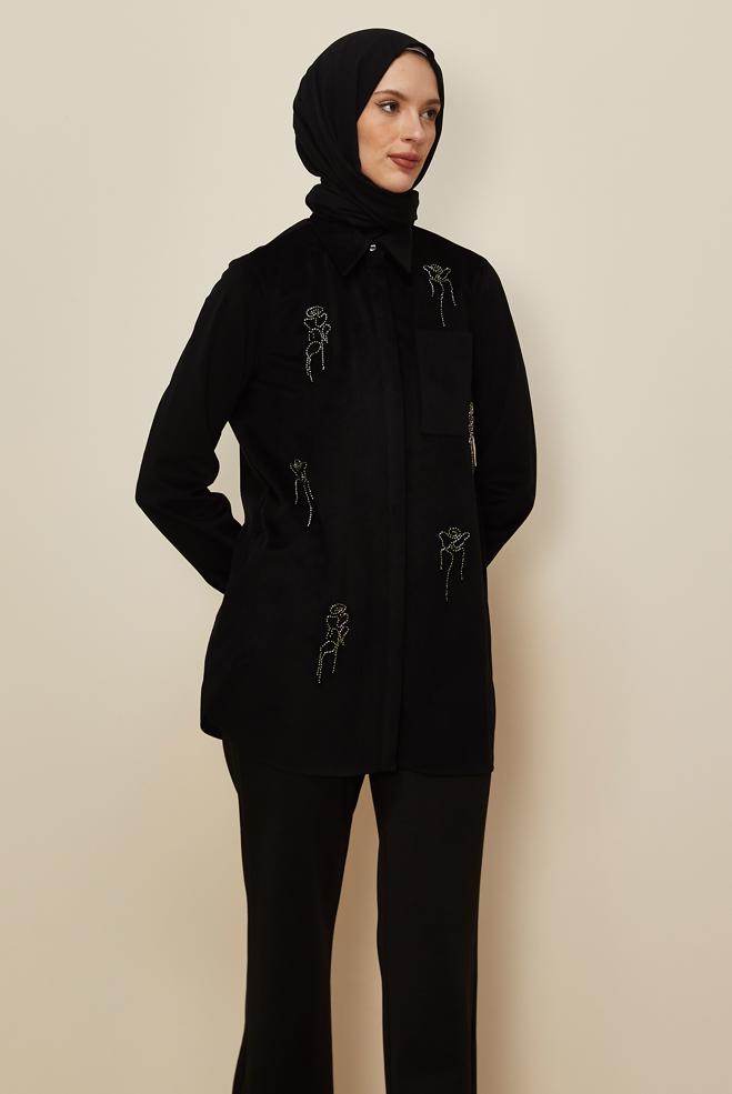 Tesettür giyim SİYAH BONCUK İŞLEMELİ KADİFE TUNİK 46266 - ALVİNA