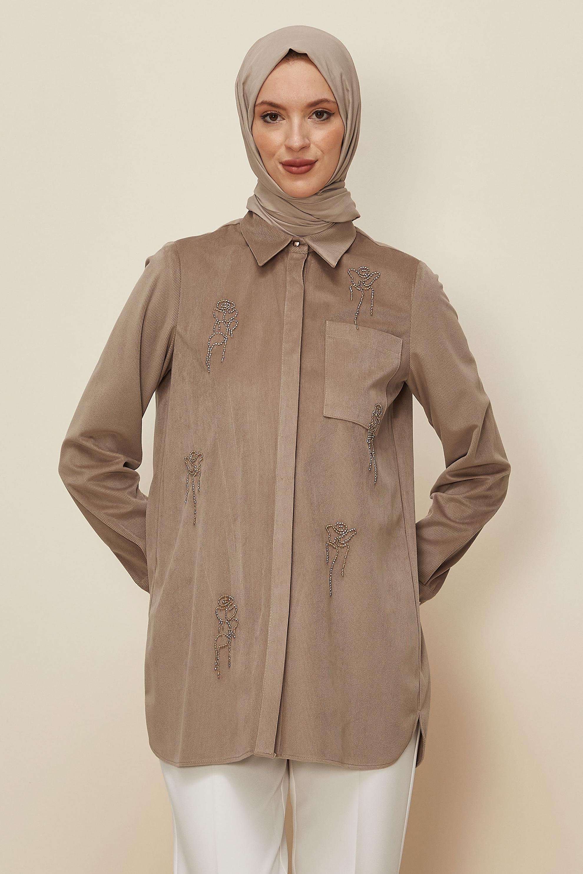 Hijab clothing BEIGE BEAD EMBROIDERED VELVET TUNIC 46266