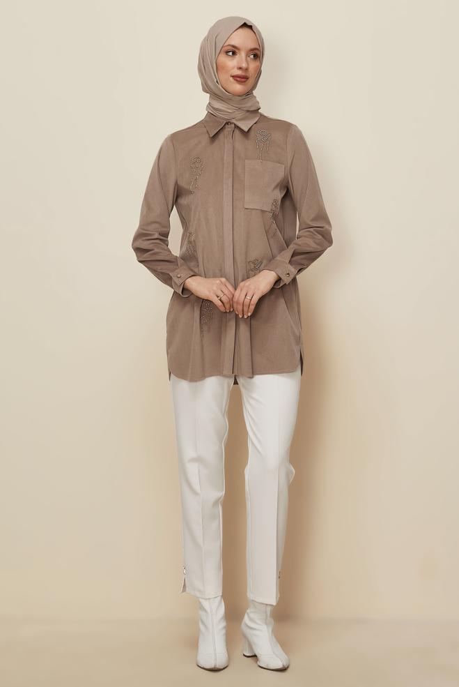Hijab clothing BEIGE BEAD EMBROIDERED VELVET TUNIC 46266 - ALVİNA