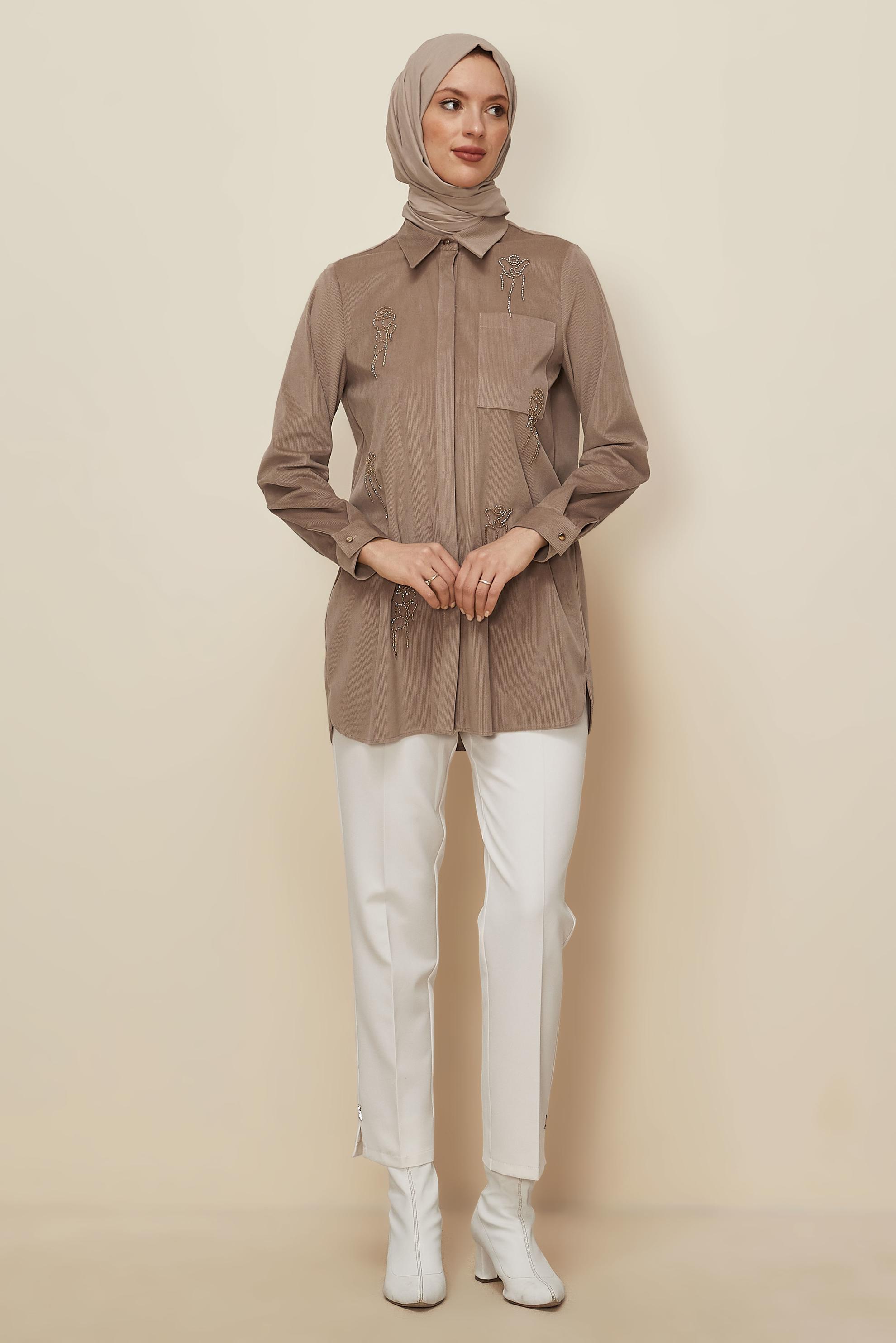 Hijab clothing BEIGE BEAD EMBROIDERED VELVET TUNIC 46266