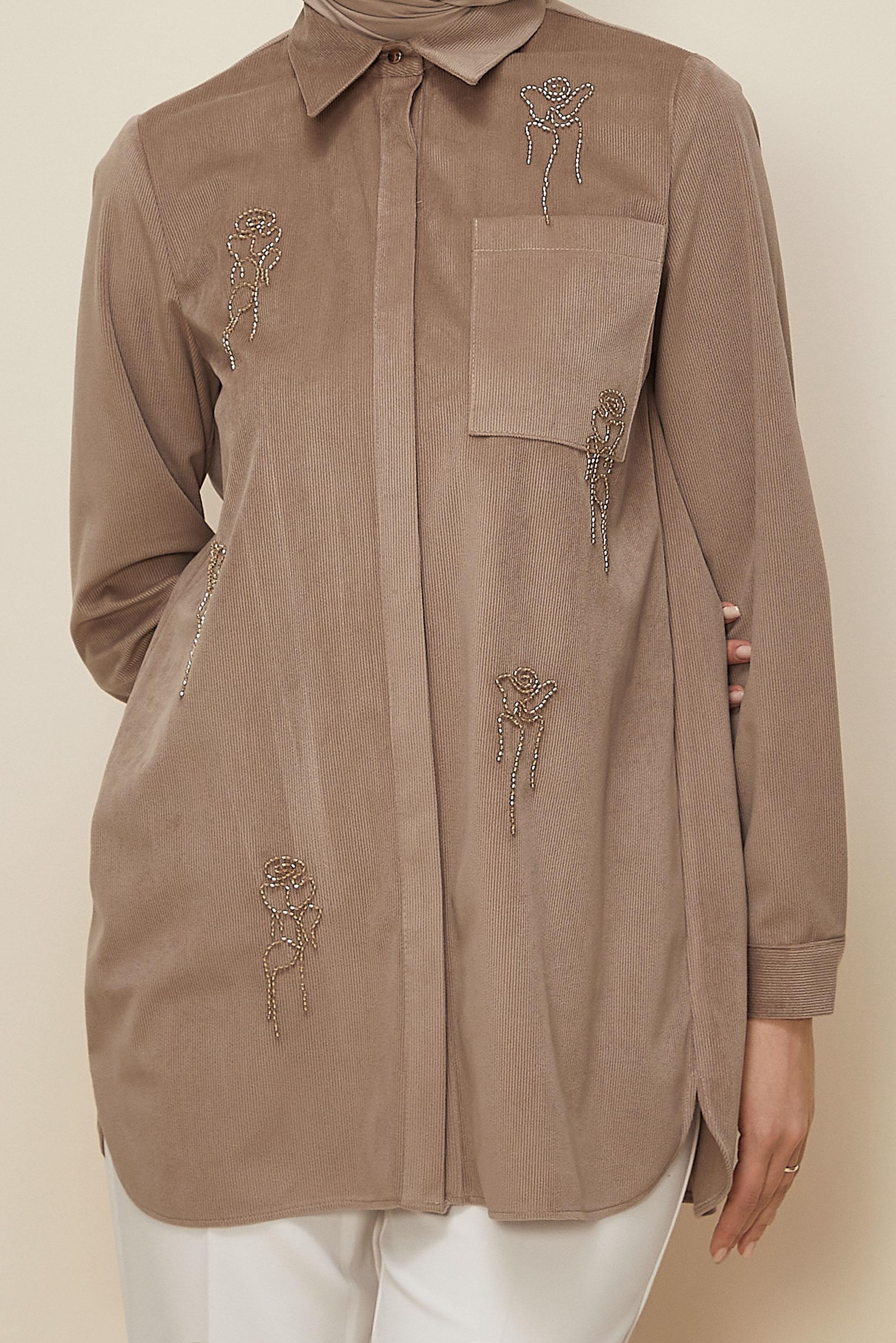 Hijab clothing BEIGE BEAD EMBROIDERED VELVET TUNIC 46266