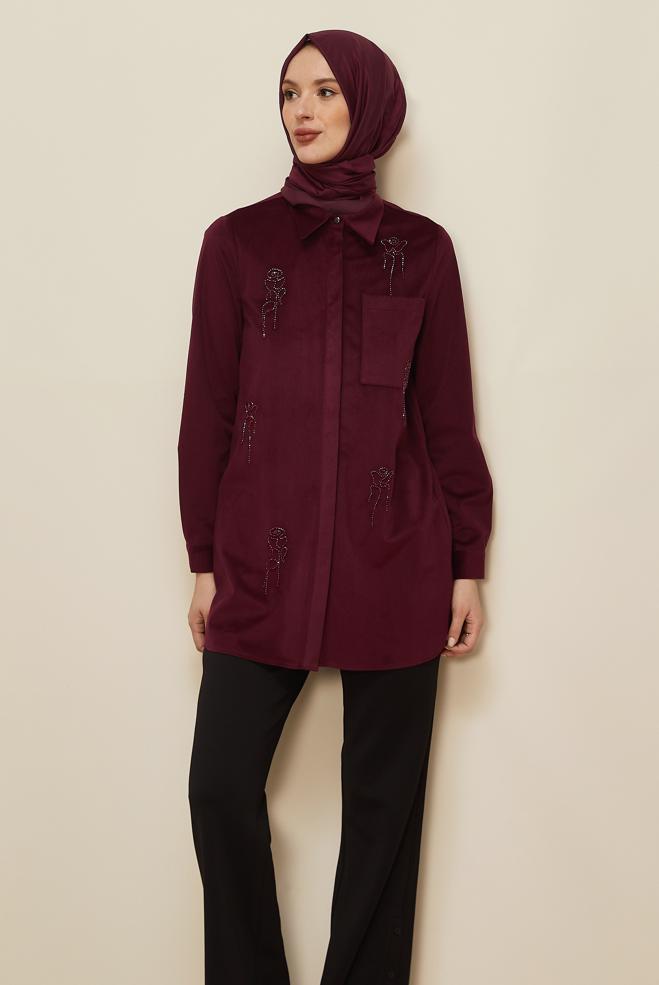 Tesettür giyim BORDO BONCUK İŞLEMELİ KADİFE TUNİK 46266 - ALVİNA