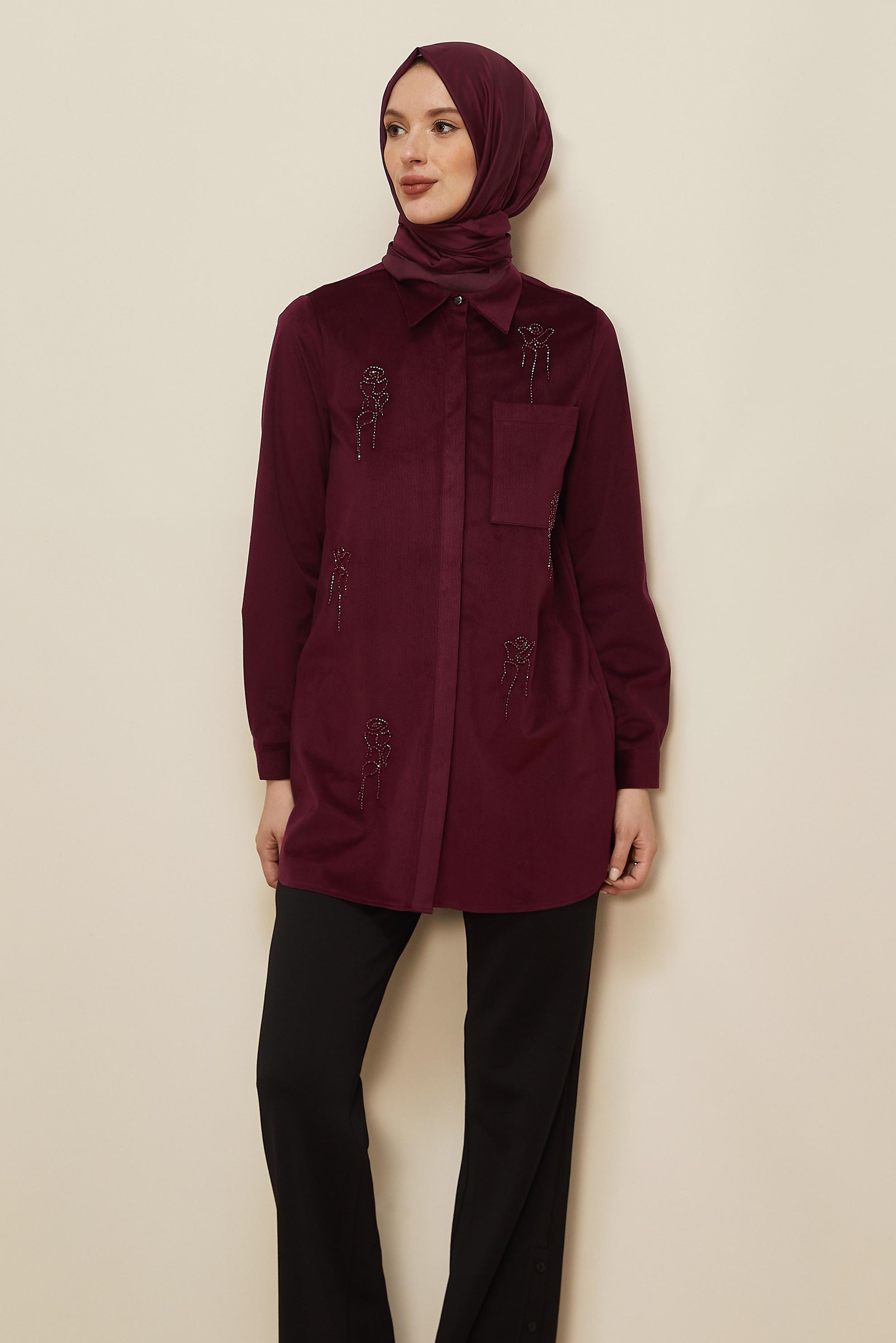 Tesettür giyim BORDO BONCUK İŞLEMELİ KADİFE TUNİK 46266