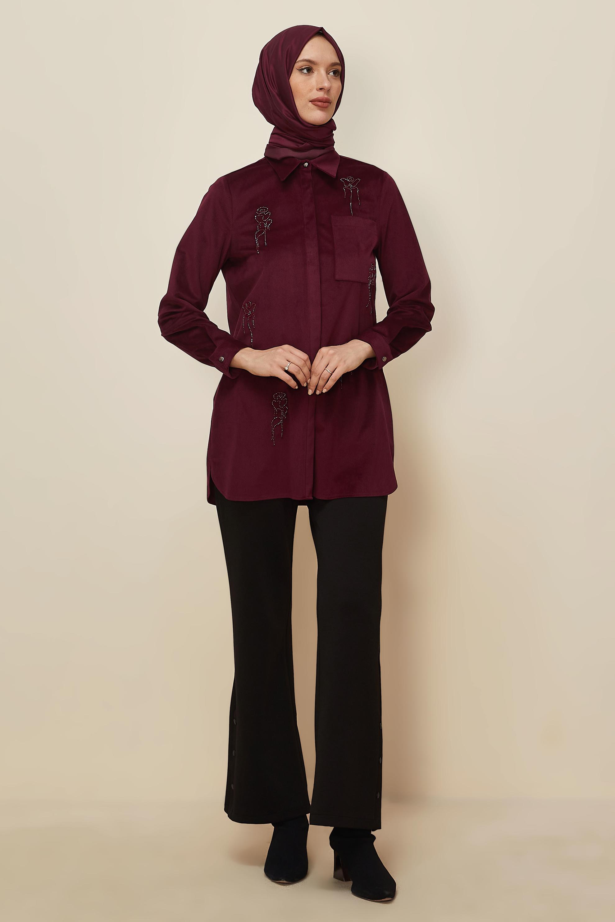 Tesettür giyim BORDO BONCUK İŞLEMELİ KADİFE TUNİK 46266