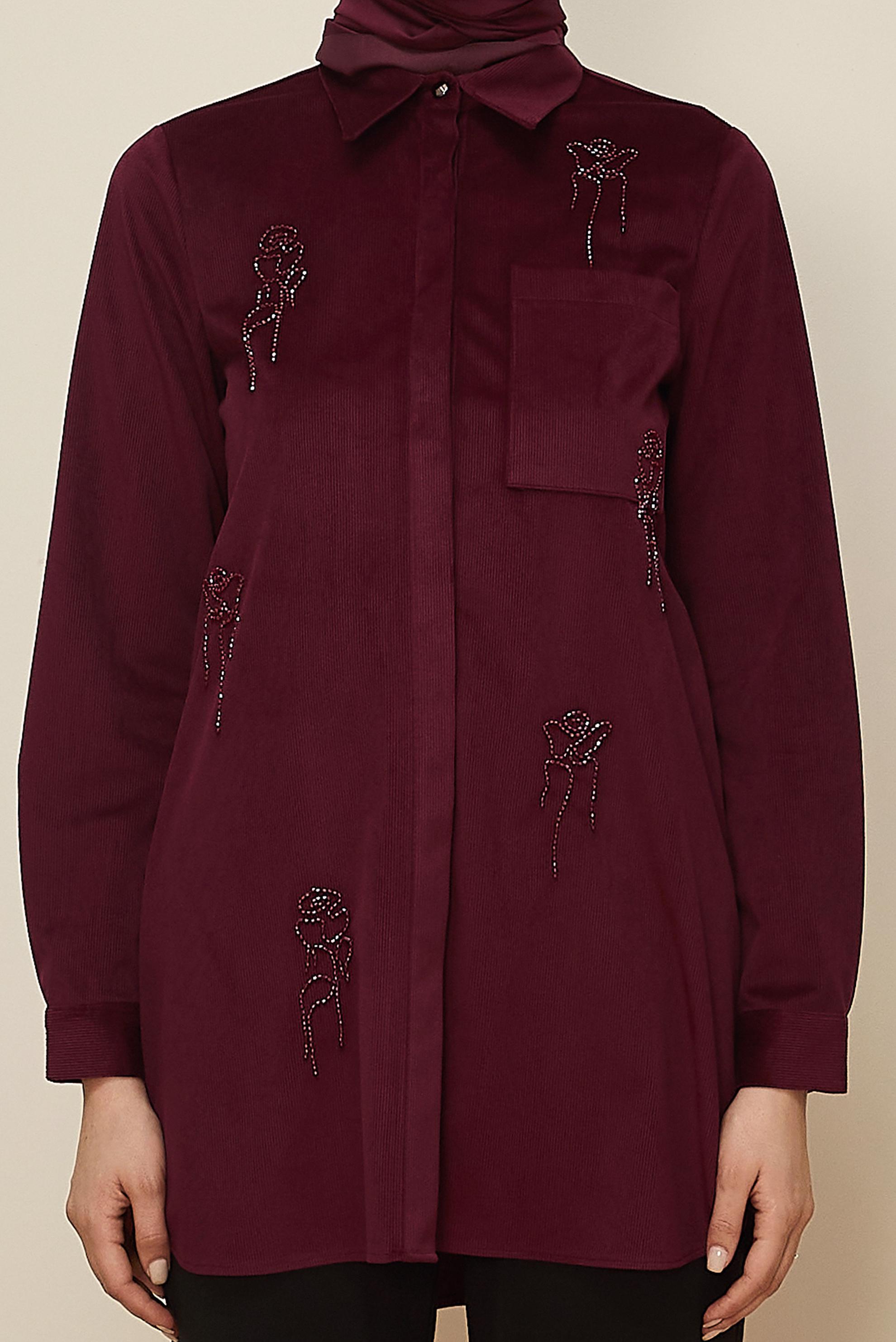 Tesettür giyim BORDO BONCUK İŞLEMELİ KADİFE TUNİK 46266
