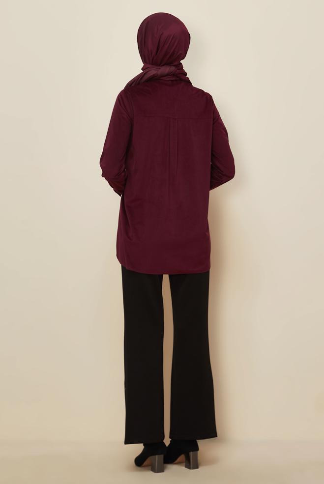 Tesettür giyim BORDO BONCUK İŞLEMELİ KADİFE TUNİK 46266 - ALVİNA