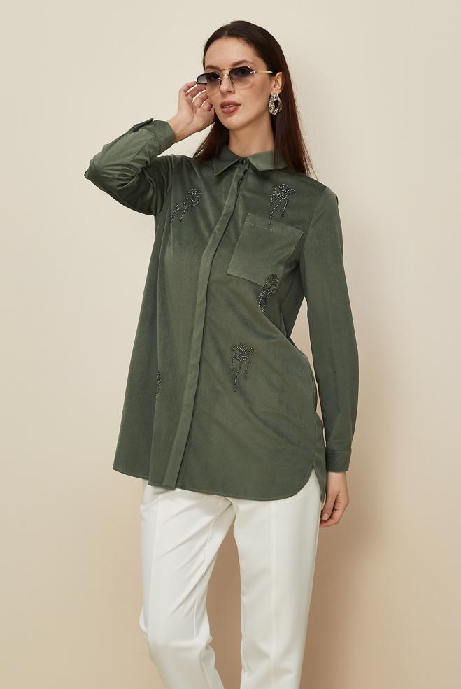 Hijab clothing KHAKI BEAD EMBROIDERED VELVET TUNIC 46266 - ALVİNA