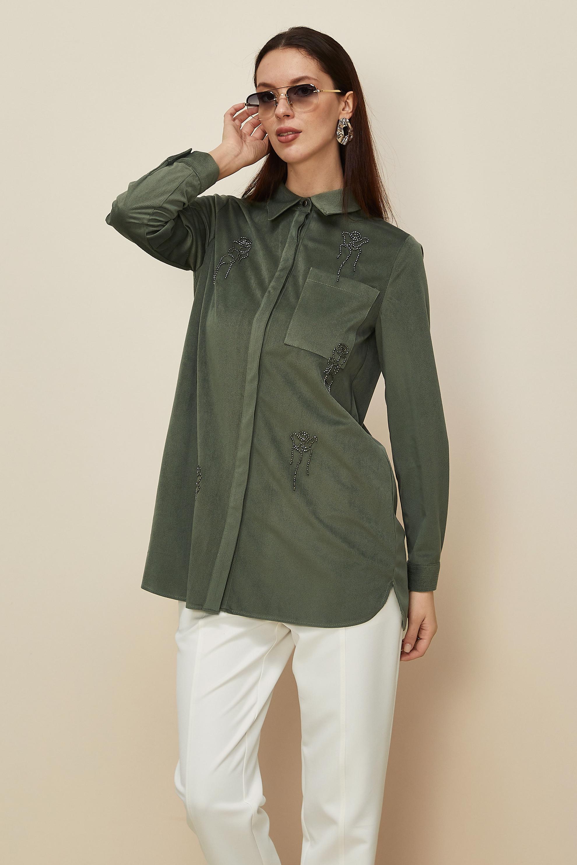 Hijab clothing KHAKI BEAD EMBROIDERED VELVET TUNIC 46266