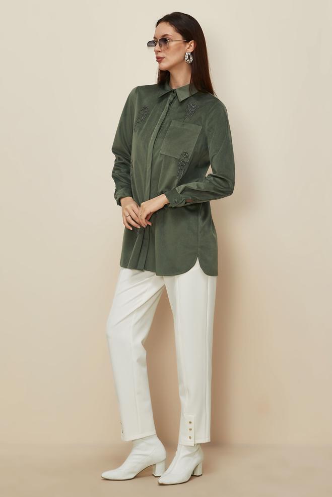 Hijab clothing KHAKI BEAD EMBROIDERED VELVET TUNIC 46266 - ALVİNA